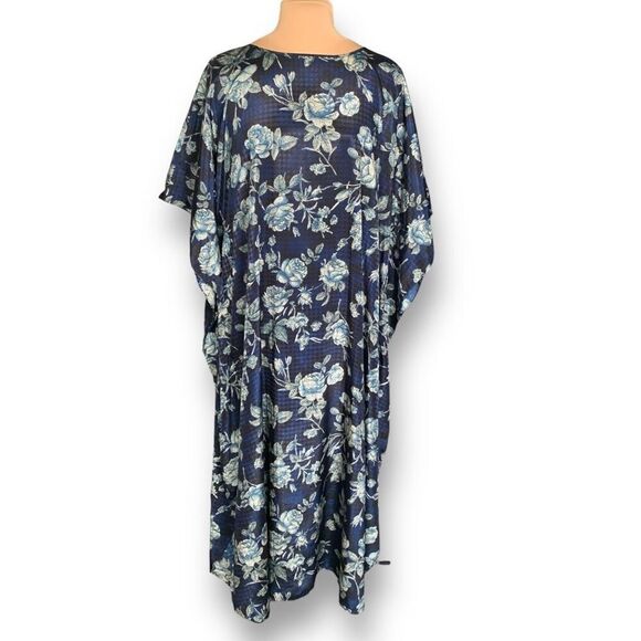 Vintage 90s Kaftan Maxi Dress Navy Blue Dark Floral Rose Houndstooth Satin OS - Picture 1 of 9